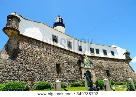 Farol Da Barra, Barra Lighthouse, In Salvador, Bahia, Brazil. The Historic Architecture Of Salvador 