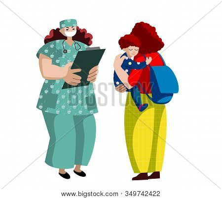 Doctor Pediatrician And The Mother With A Baby On A White Background. Vector Illustration In A Flat 