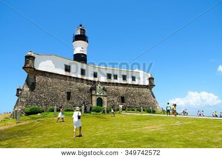 Farol Da Barra, Barra Lighthouse, In Salvador, Bahia, Brazil. The Historic Architecture Of Salvador 