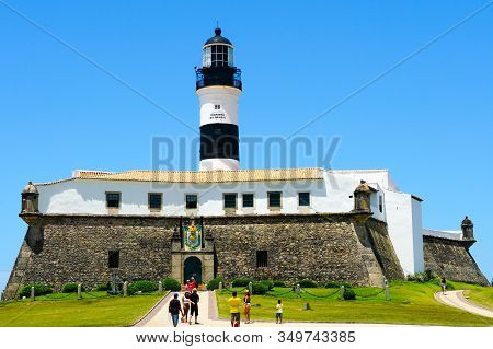 Farol Da Barra, Barra Lighthouse, In Salvador, Bahia, Brazil. The Historic Architecture Of Salvador 