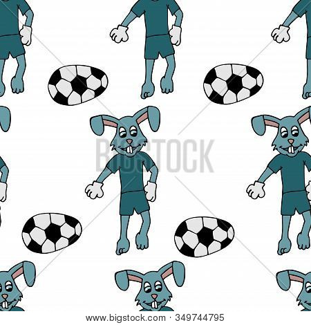 Easter Bunny In A Tracksuit Kicks An Easter Egg In The Form Of A Soccer Ball. Stock Seamless Pattern