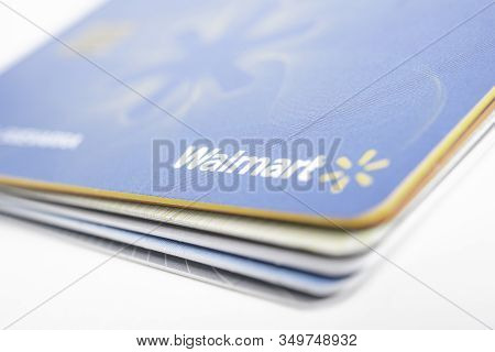 Vidalia, Georgia / Usa - June 29, 2019: A Close-up Studio Shot Of The Walmart Credit Card Set On A P