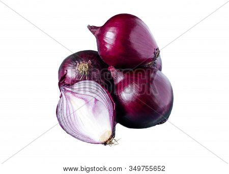 Large Red Onion Bulbs Close Up On A White Background Onion In The Section Isolate