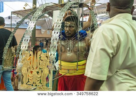 South East Asia/singapore - Feb 8 2020 : Devotee Carrying Kavadi Preparing For Ceremony Prayers Bles