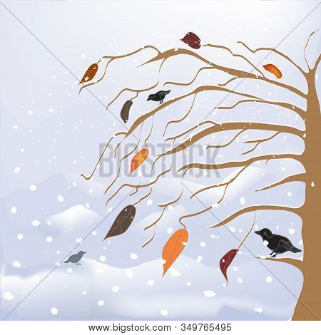 Abstract Winter And Autumnal Landscape With Snow -cover Tree, Birds, Snow Fall, Leaf Fall, Snowdrift