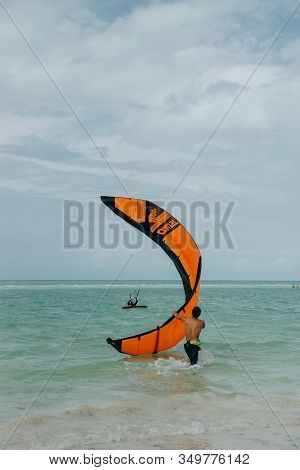 Mexico, Island Holbox - February 2020 Kite Surfing At Holbox Island In The Caribbean Sea