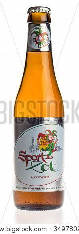Groningen, Netherlands - February 06, 2020: Bottle Of Non Alcoholic Brugse Zot Sport Beer Isolated O