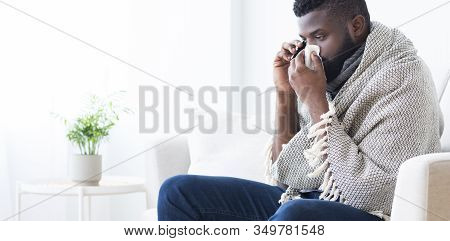 Call For Ambulance. Sick African Man Calling To Hospital For Help, Panorama, Free Space