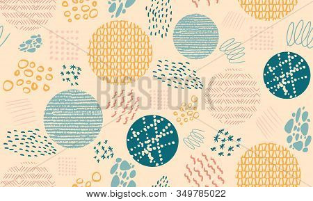 Abstract Artistic Seamless Repeat Pattern With Hand Drawn Textures. Modern Design With Geometric Ele