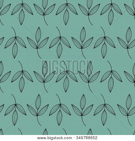 Green, Black Seamless Floral Pattern. Beautiful Leaves Repeat Background. Elegant Fabric On Dark Bac