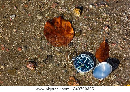 Conceptual Landscape With A Metallic Compass Near The Water And Falling Leaves,sfanta Ana, Romania