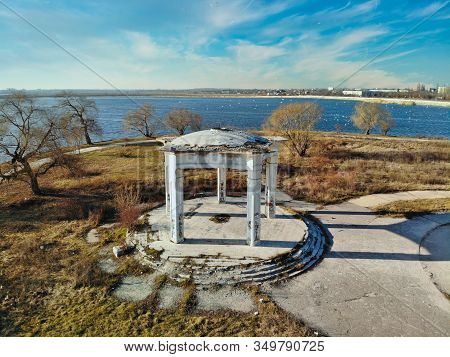 Aerial Photo Of An Old Arch At The Morii Lake Island, Bucharest, Romania - 1/31/2020