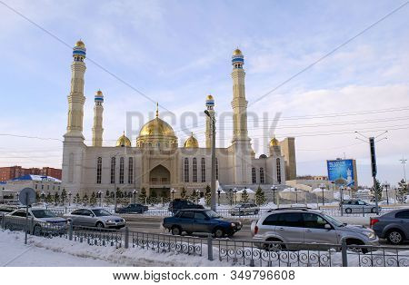 Kokshetau/ Kazakhstan - January 11, 2020: View Of New Beautiful Nauan Khazret Mosque In Kokshetau, K