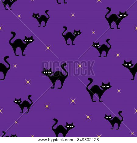 Black Cats And Stars Halloween Purple Vector Repeat Seamless Pattern. October Holiday.