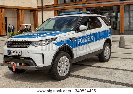 Arlamow, Poland - May, 2019: German Federal Police Patrol Car Land Rover Discovery. Off-road Utility