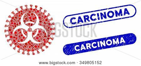 Mosaic Virus Hazard Icon And Red Round Grunge Stamp Seal With Carcinoma Text And Coronavirus Symbol.