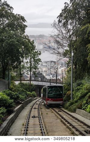 Editorial 09.04.2019 Bergen Norway Views Downward Of The City From The Floibanen Car That Takes Tour