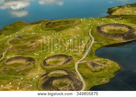 Volcanic Craters In Iceland Aerial View From Above, Myvatn Lake