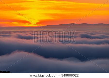 Dreamy Misty Landscape Above The Sea Of Clouds, Mountains At Sunset In Iceland