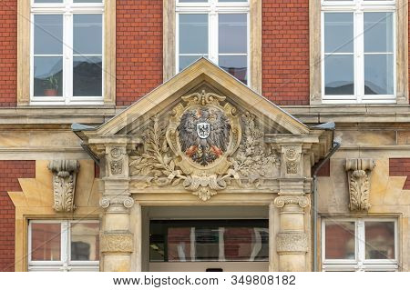 Gerlitz, Germany - April, 2019: German Coat Of Arms, Black Heraldic Eagle Above The Entrance To The 