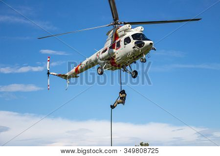 Arlamow, Poland - May, 2019: Landing Of Polish Border Guard Paratroopers From The Helicopter In Assa