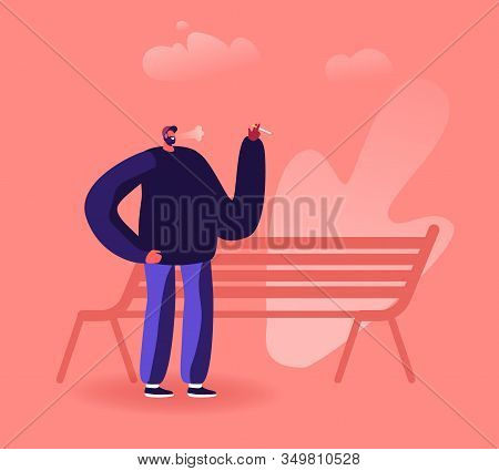 Smoking Addiction And Bad Unhealthy Habit Concept. Male Character Smoking Cigarette Near Bench In Pa