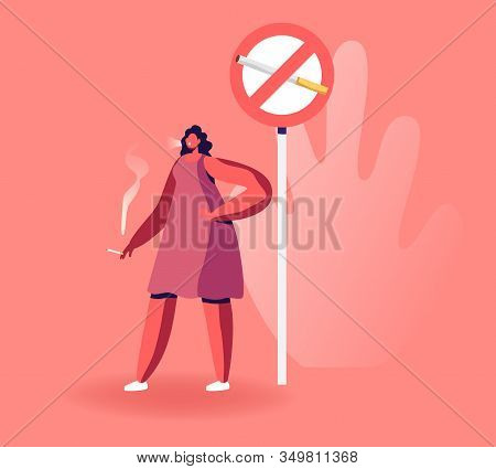 Adult Woman Stand Outdoors Enjoying Smoking Cigarette In Public Place Near Prohibited Sign. Female C