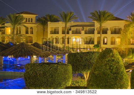 Sharm El Eheikh, Egypt - November, 2017: Jaz Mirabel Beach Resort Hotel Territory, Night View From T