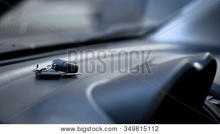 Car Keys On Dashboard Close Up, Driver Leaving Parked Auto Opened, Car Theft