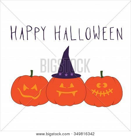 Halloween Background, Pumpkin With Hat. Greeting Card Happy Halloween. Autumn October Holidays. Hand