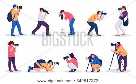 Photographers. Professional Cartoon People With Cameras Shooting Photos With Tripods And From Hands.
