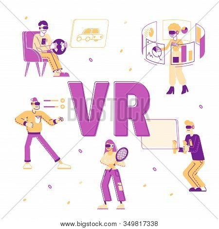 People Use Virtual Reality Technology Concept. Characters In Vr Goggles Playing Augmented Reality Ga