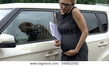 Business Woman Feeling Pain In Belly, Pregnancy Problems, Risk Of Misbirth