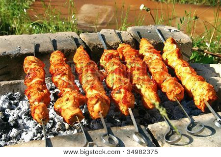 Fleisch vom Grill am metallischen SpieÃŸ Ã¼ber einem Feuer