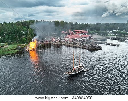 Joensuu - Finland - July 6, 2019: Aerial View Of Midsummer Bonfire. Traditional Finnish Celebration