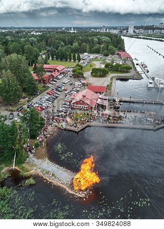 Joensuu - Finland - July 6, 2019: Aerial View Of Midsummer Bonfire. Traditional Finnish Celebration