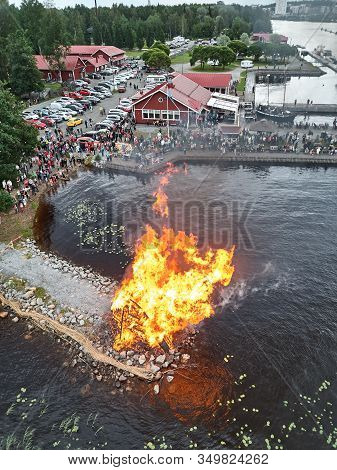 Joensuu - Finland - July 6, 2019: Aerial View Of Midsummer Bonfire. Traditional Finnish Celebration