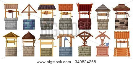 Water Well Vector Cartoon Set Icon.vector Illustration Wooden And Stones Wellspring On White Backgro
