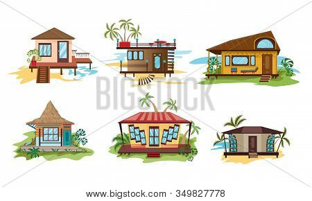 Set Of Different Styles Villa On The Ocean Beach In Paradise. Vector Illustration In Flat Cartoon St