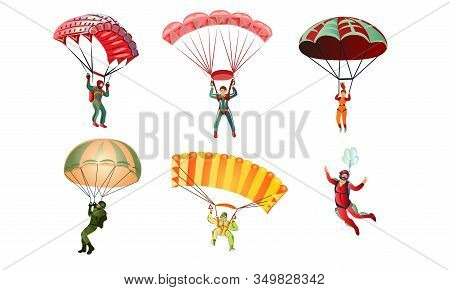 Set Of Different Colorful Skydivers. Vector Illustration In Flat Cartoon Style