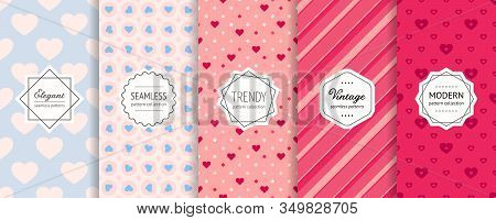 Vector Valentines Day Seamless Patterns Collection. Set Of Colorful Geometric Background Swatches Wi