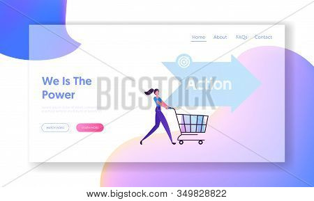 Action Aida Step Website Landing Page. Happy Woman Buyer Pushing Shopping Cart. Attention Interest D