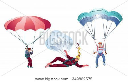 Set Of Three Different Colorful Skydivers. Vector Illustration In Flat Cartoon Style