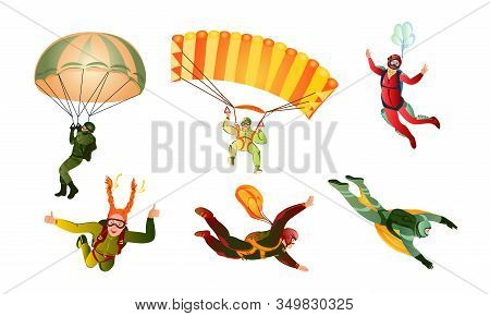 Set Of Different Colorful Skydivers. Vector Illustration In Flat Cartoon Style