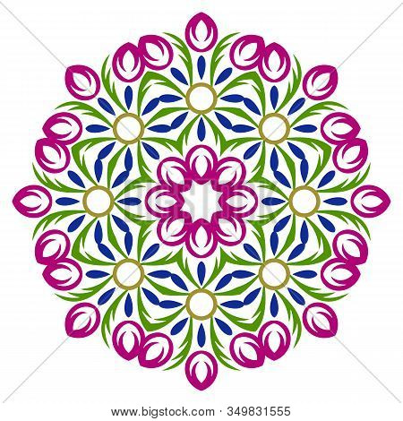 Ceramic Tile Pattern. Decorative Round Ornament. White Background With Art Frame. Islamic, Indian, A