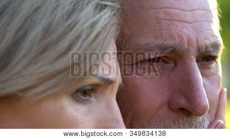 Old Upset Woman Supporting Her Ill Crying Husband, Incurable Disease, Support