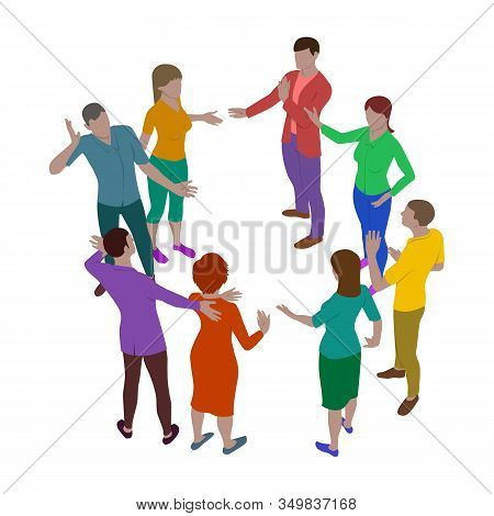 Four Women And Four Men Talk Emotionally While Standing In A Circle. Group Of People In Isometric Vi