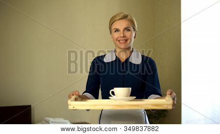 Housemaid Bringing Tray With Coffee, Good Service, 5star Hotel Room Booking