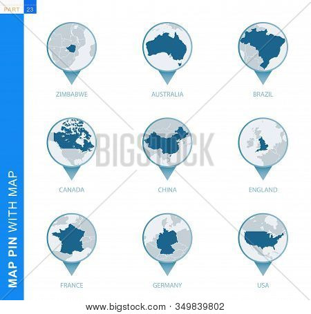 Collection Of Map Pin With Detailed Map And Neighboring Countries, 9 Map Pins Of Zimbabwe, Australia