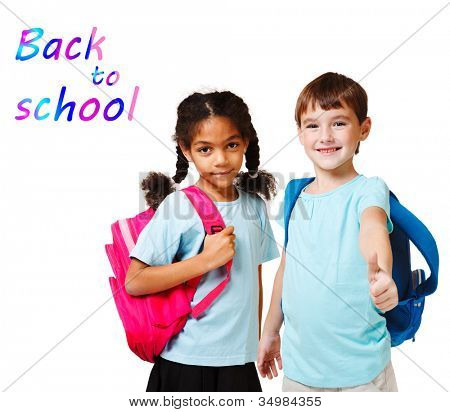 Two school kids in blue t-shirts with backpacks